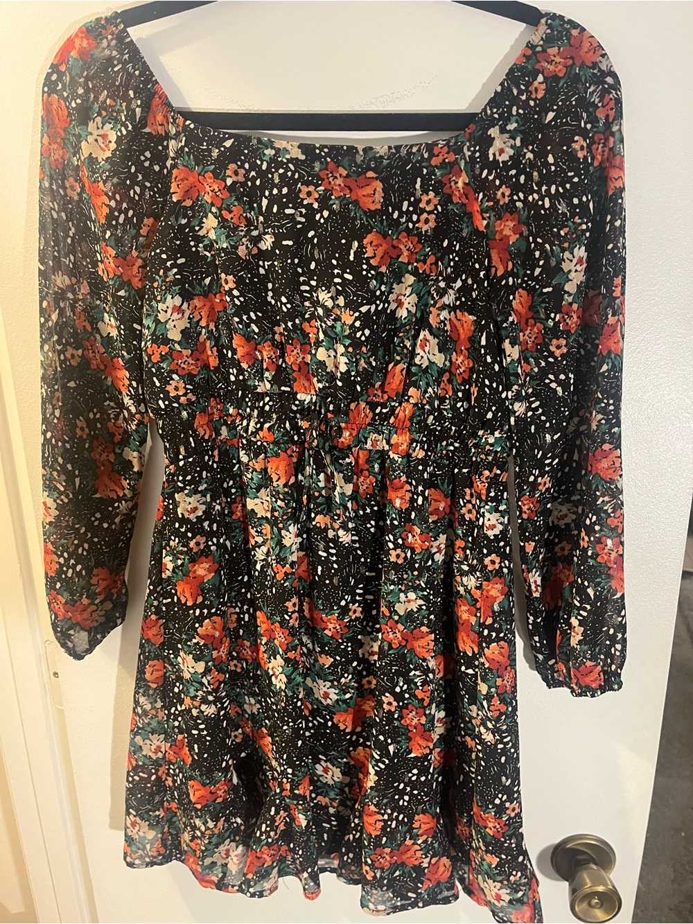 Three Hearts Black Floral Long-Sleeve Square-Neck Dress
